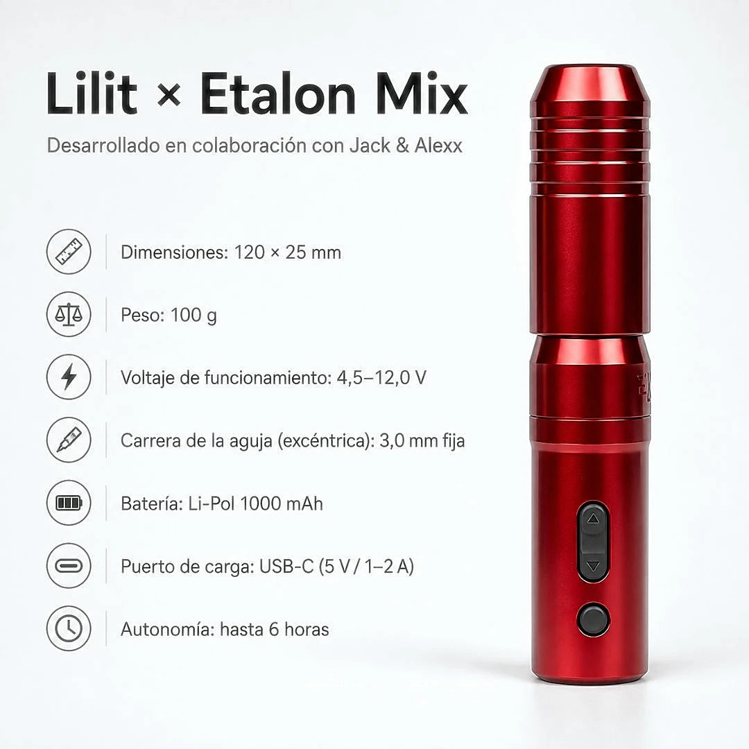 Etalon Mix Lilit Pro, gráfica de especificaciones técnicas de la máquina roja
