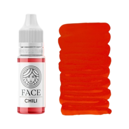 Pigmento PMU FACE Chili con flacone e campione colore rosso aranciato intenso per trucco permanente labbra.
