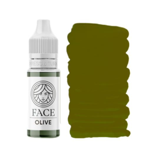 Pigmento PMU FACE Olive con flacone e campione colore verde oliva per correzione cromatica delle sopracciglia.