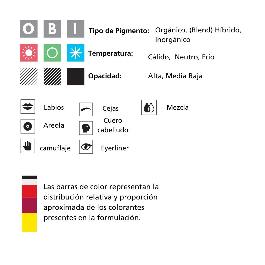 Legenda tecnica per la lettura dei pigmenti PMU con tipologia di formula, temperatura cromatica, opacità, aree di utilizzo e distribuzione dei coloranti.