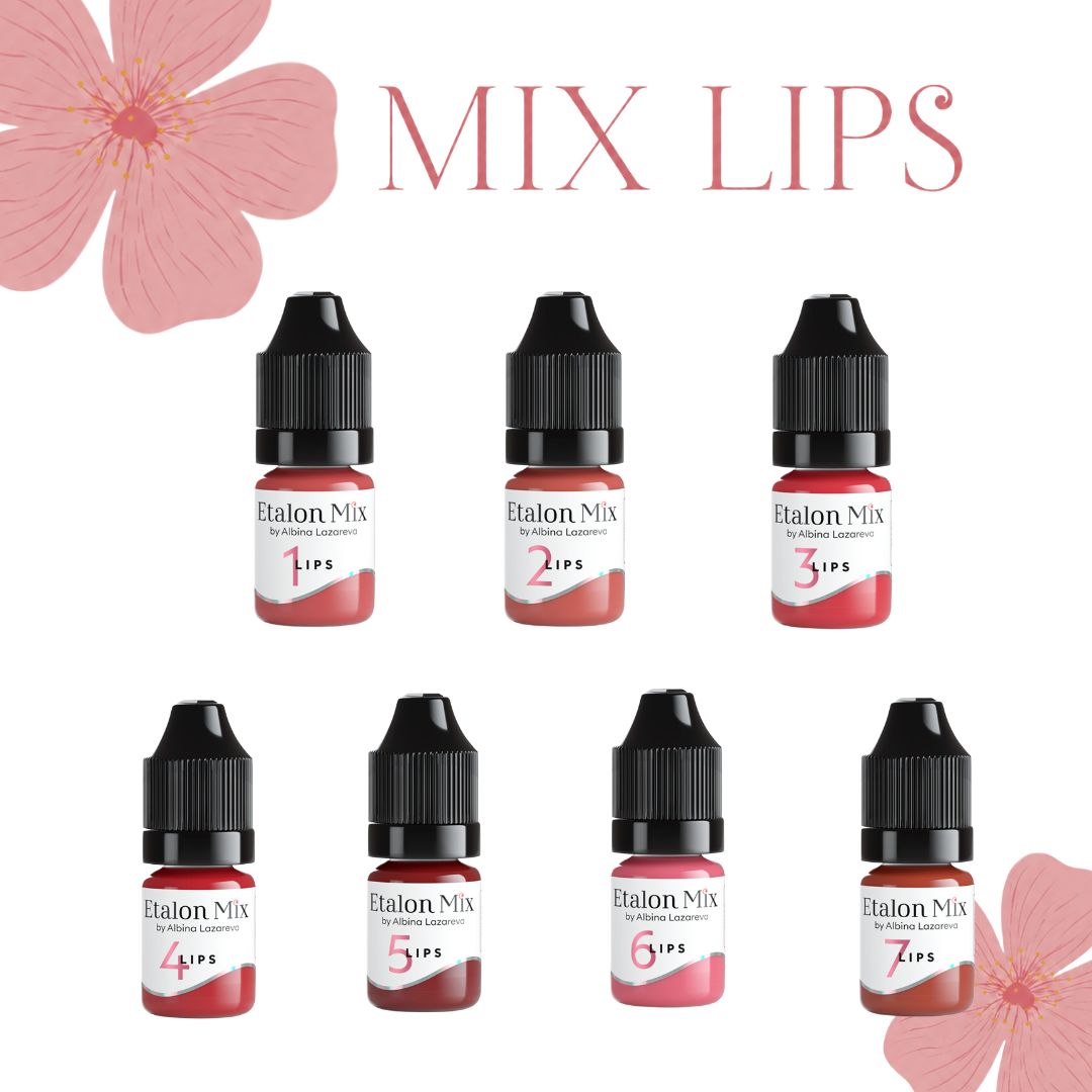 Colección Etalon Mix Lips Mini Set con siete pigmentos profesionales para micropigmentación de labios en formato de 5 ml