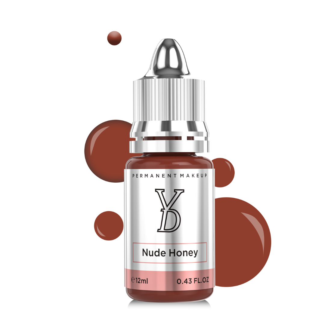 Frasco YDPMU Nude Honey 12 ml con muestras cromáticas nude miel y melocotón para micropigmentación profesional de labios