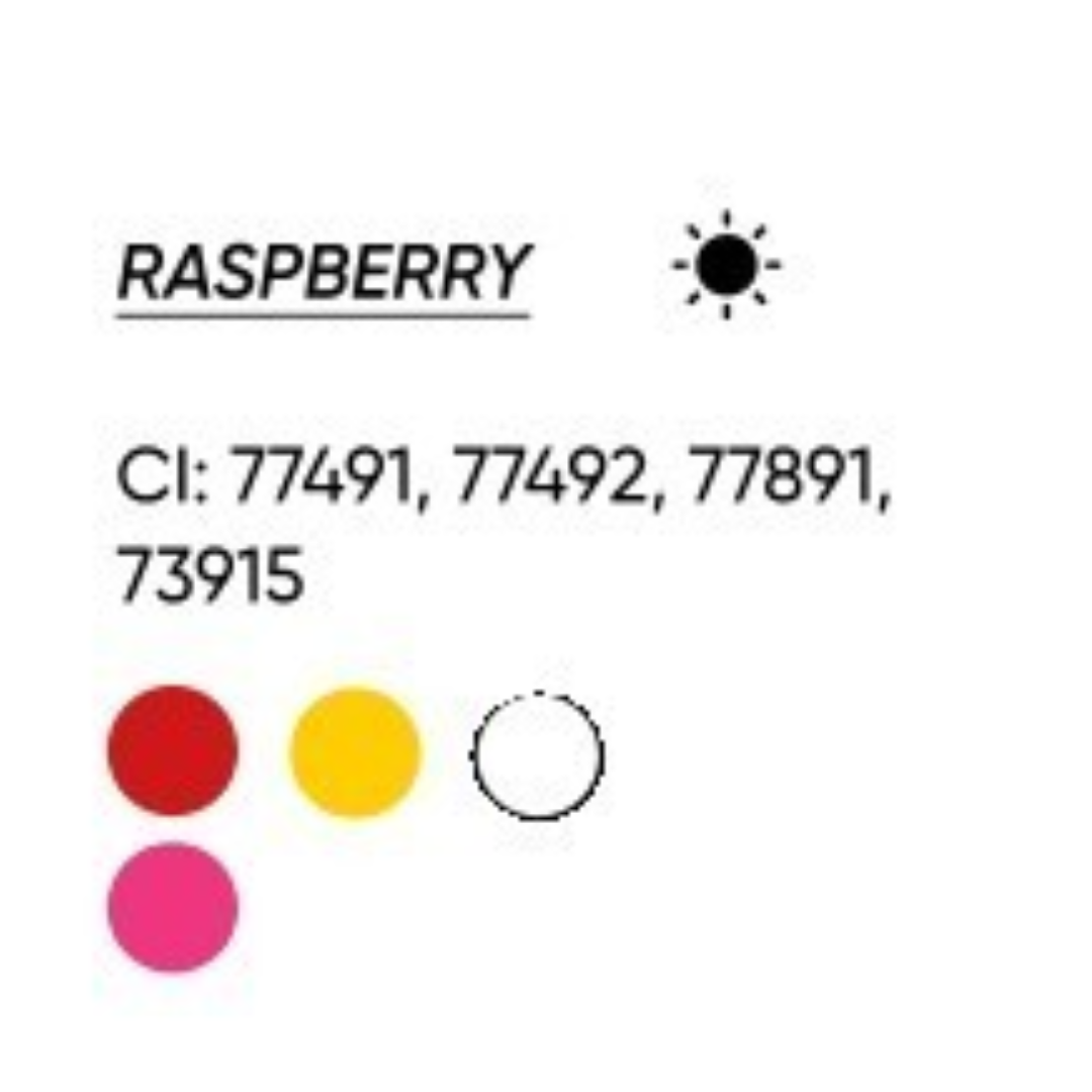 Scheda cromatica FACE Raspberry con CI 77491, 77492, 77891 e 73915 e indicazione di tonalità calda.
