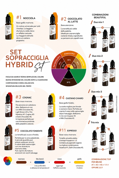Guida cromatica Etalon Mix Brow Hybrid Series con descrizione dei sei pigmenti per sopracciglia e combinazioni di miscela consigliate.
