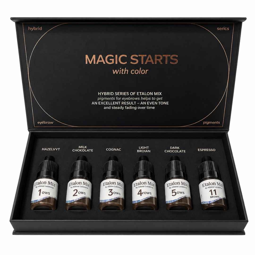 Set Etalon Mix Brow Hybrid Series aperto con sei pigmenti PMU per sopracciglia: Hazelnut, Milk Chocolate, Cognac, Light Brown, Dark Chocolate ed Espresso.