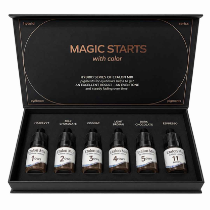 Set Etalon Mix Brow Hybrid Series aperto con sei pigmenti PMU per sopracciglia: Hazelnut, Milk Chocolate, Cognac, Light Brown, Dark Chocolate ed Espresso.
