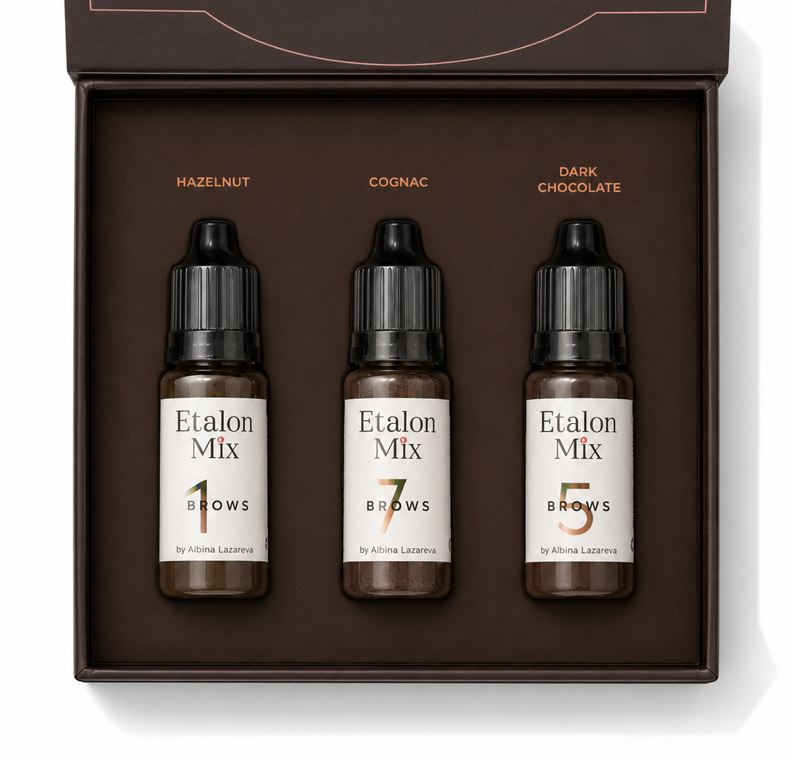 Confezione Etalon Mix Brow Hybrid Series con i pigmenti Hazelnut numero 1, Cognac numero 3 e Dark Chocolate numero 5.
