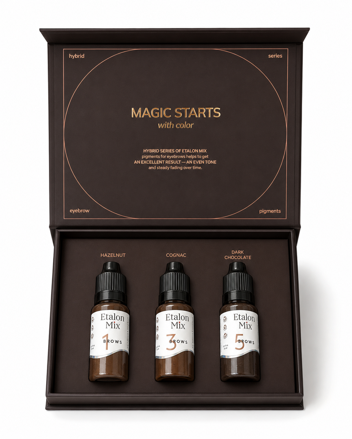 Etalon Mix Brow Hybrid Series Trio Set aperto con tre pigmenti PMU per sopracciglia Hazelnut, Cognac e Dark Chocolate da 15 ml.