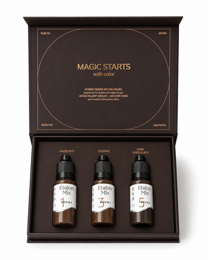 Etalon Mix Brow Hybrid Series Trio Set aperto con tre pigmenti PMU per sopracciglia Hazelnut, Cognac e Dark Chocolate da 15 ml.