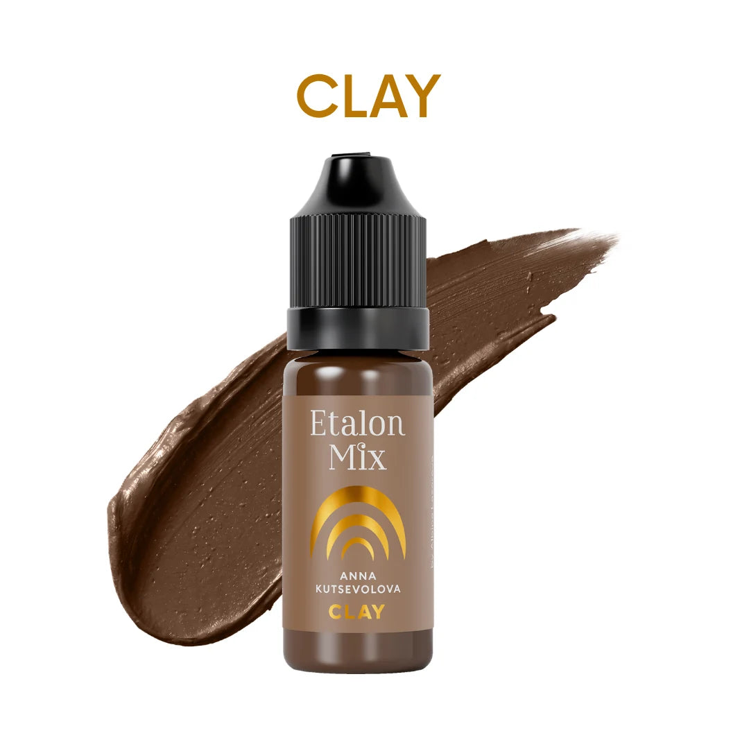 Etalon Mix Clay pigmento PMU cejas – frasco y muestra de color