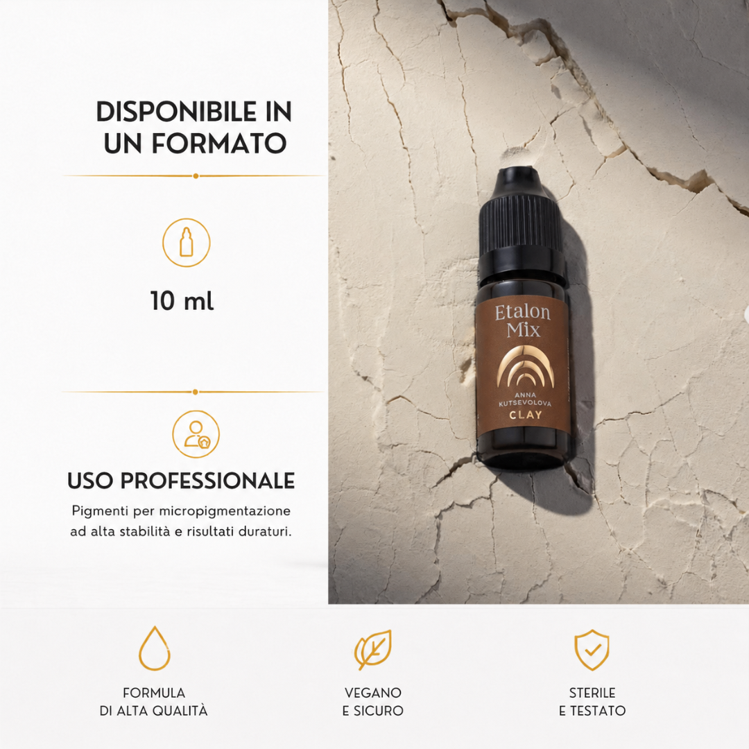 Pigmento PMU per sopracciglia Etalon Mix Clay in formato 10 ml, presentato su una superficie chiara effetto argilla.
