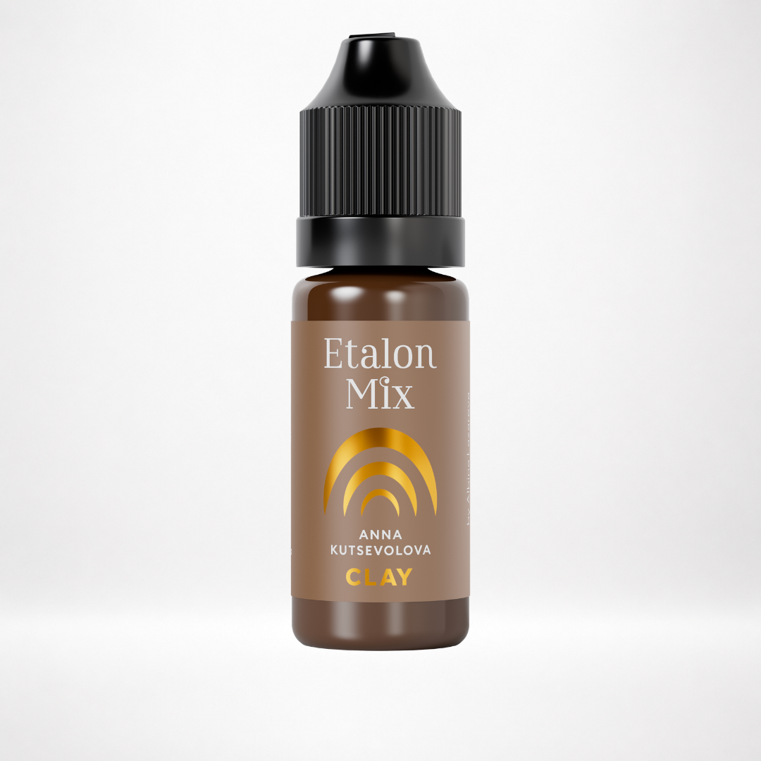 Pigmento PMU per sopracciglia Etalon Mix Clay nel flacone professionale su sfondo bianco.
