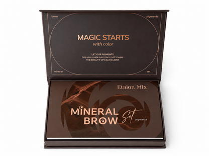 Confezione aperta Etalon Mix Mineral Brow Set per sopracciglia, con cofanetto marrone e inserto interno dedicato ai pigmenti PMU minerali.
