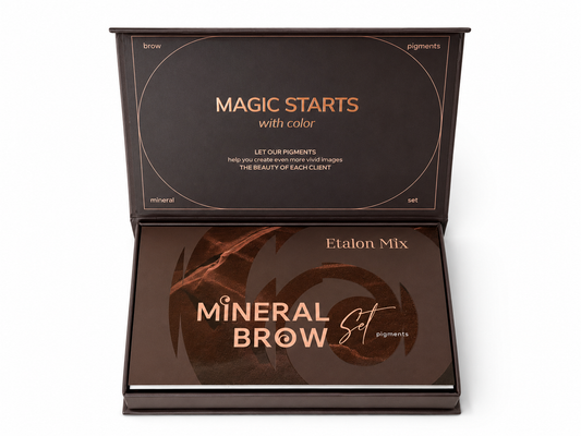 Confezione aperta Etalon Mix Mineral Brow Set per sopracciglia, con cofanetto marrone e inserto interno dedicato ai pigmenti PMU minerali.
