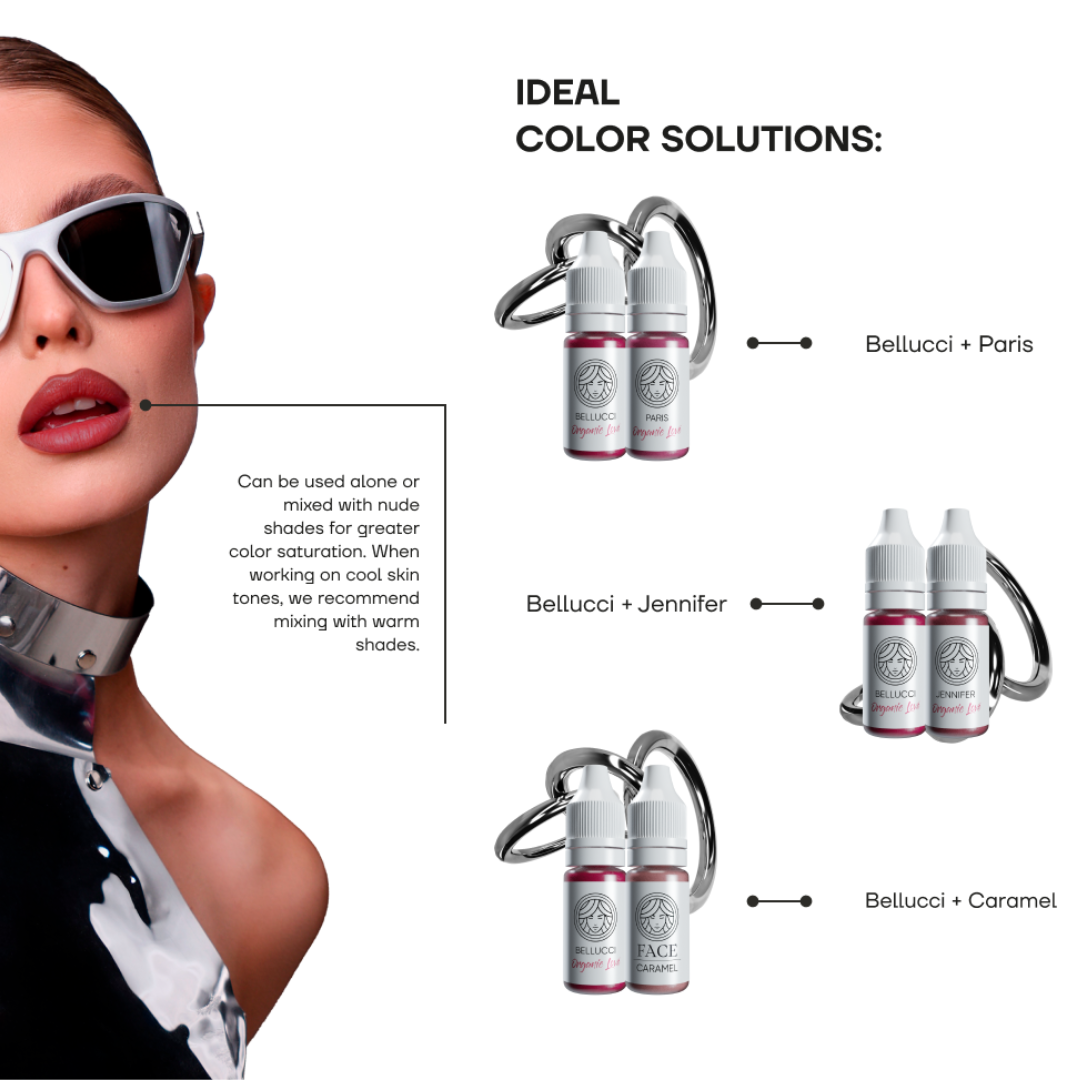 Pigmento PMU labbra FACE Bellucci combinazioni colore con Paris Jennifer e Caramel per risultati personalizzati
