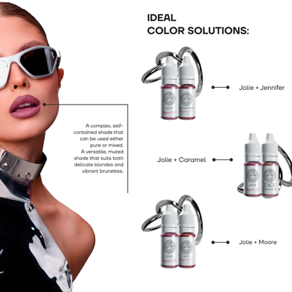Miscele pigmento PMU labbra FACE Jolie con Jennifer Caramel e Moore combinazioni colore professionali per micropigmentazione labiale