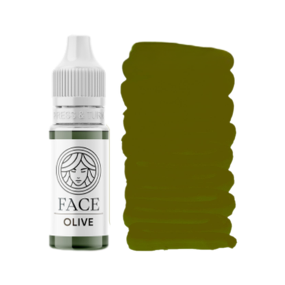 Pigmento PMU FACE Olive con flacone e campione colore verde oliva per correzione cromatica delle sopracciglia.

