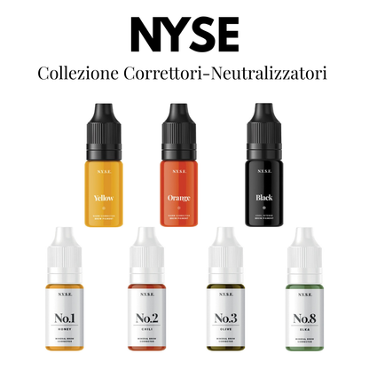 Collezione NYSE di correttori e neutralizzatori per sopracciglia con Yellow, Orange, Black, N°1 Honey, N°2 Chili, N°3 Olive e N°8 Elka.
