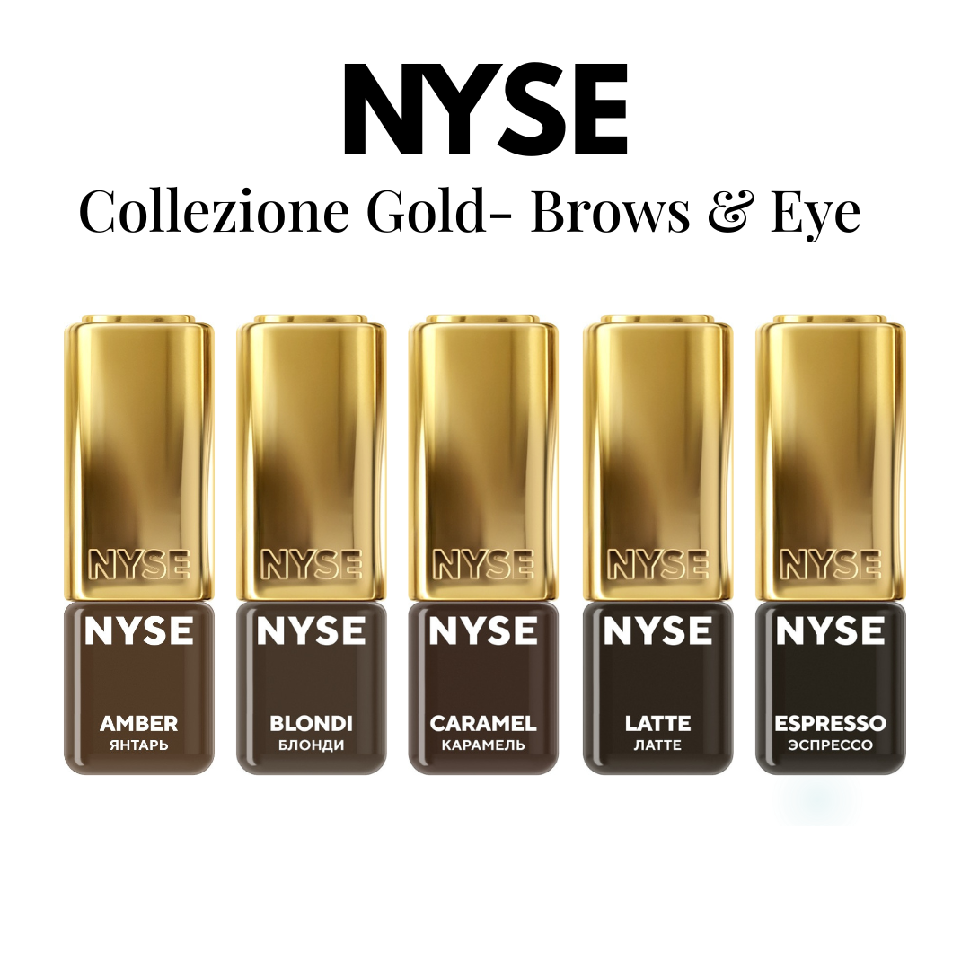 Collezione NYSE Gold Brows & Eye con i pigmenti PMU Amber, Blondi, Caramel, Latte ed Espresso per sopracciglia.
