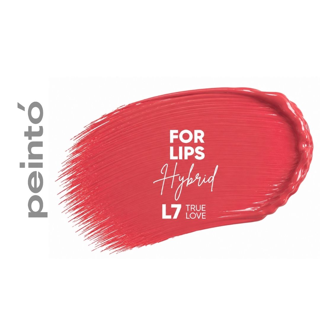 Swatch Peintó L7 True Love, pigmento ibrido PMU per labbra rosso corallo intenso.
