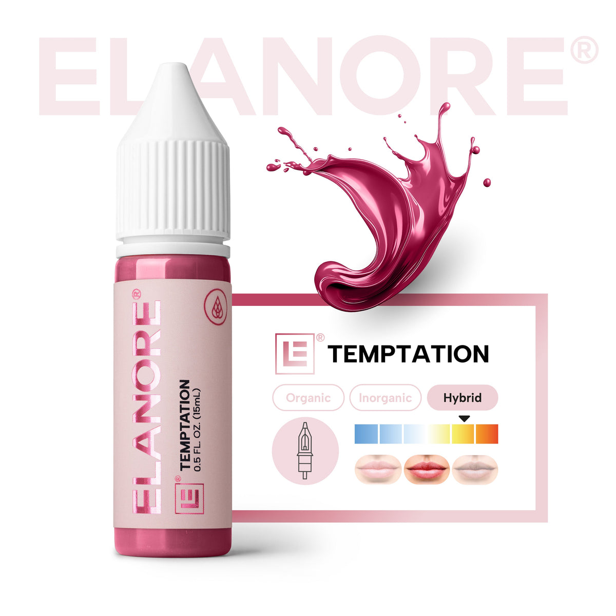 Pigmento PMU Elanore Temptation fórmula híbrida rojo floral intenso escala de temperatura y guía técnica profesional 15 ml