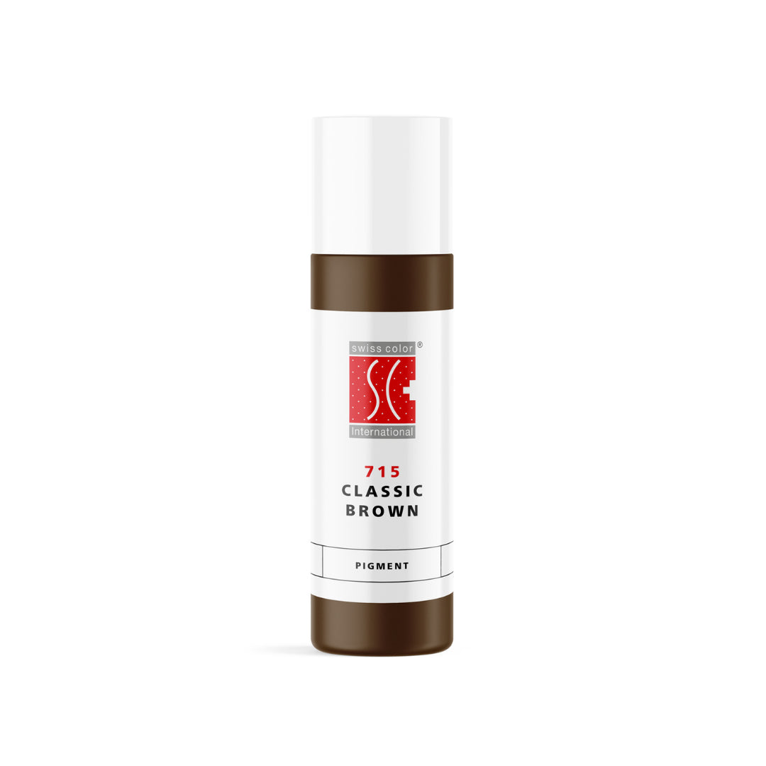 Pigmento PMU para cejas Swiss Color 715 Classic Brown en frasco original, marrón medio oscuro equilibrado de uso profesional