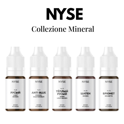 Swatch della collezione minerale NYSE per sopracciglia nelle tonalità N°4 Light Brown, N°5 Anti Blue, N°13 Warm Light Brown, N°14 Brown e N°15 Brunette.
