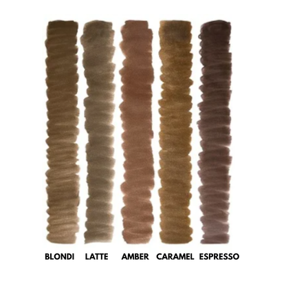 Swatch dei pigmenti NYSE Gold Brows & Eye nelle tonalità Blondi, Latte, Amber, Caramel ed Espresso.
