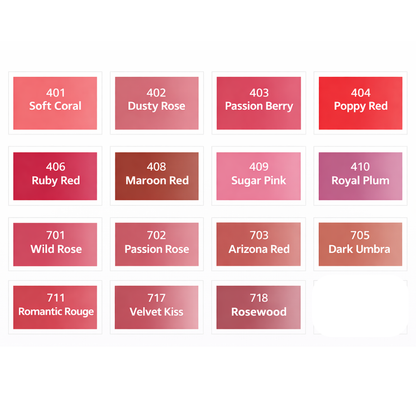 Palette pigmenti PMU labbra Swiss Color con tonalità 401 Soft Coral corallo pesca neutro confronto cromatico con Dusty Rose Passion Berry Ruby Red e altre tonalità professionali