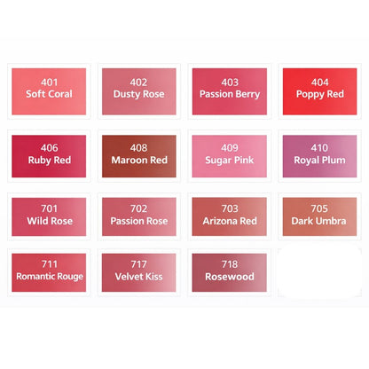 Palette completa dei pigmenti PMU labbra Swiss Color con tonalità rosa, corallo, rosso, berry, plum e nude.
