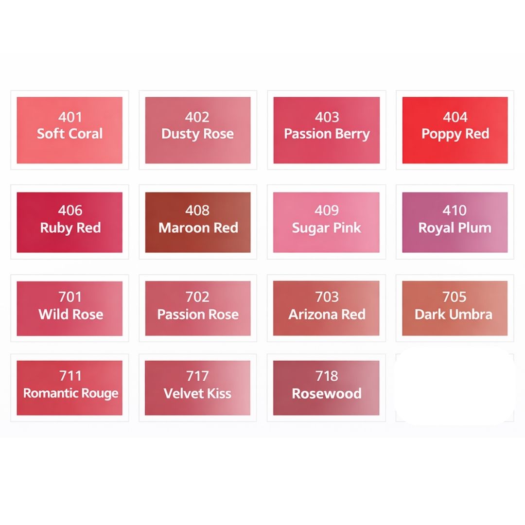 Palette cromatica dei pigmenti PMU Swiss Color per labbra con tonalità nude, rosa, rosse, berry e plum numerate.