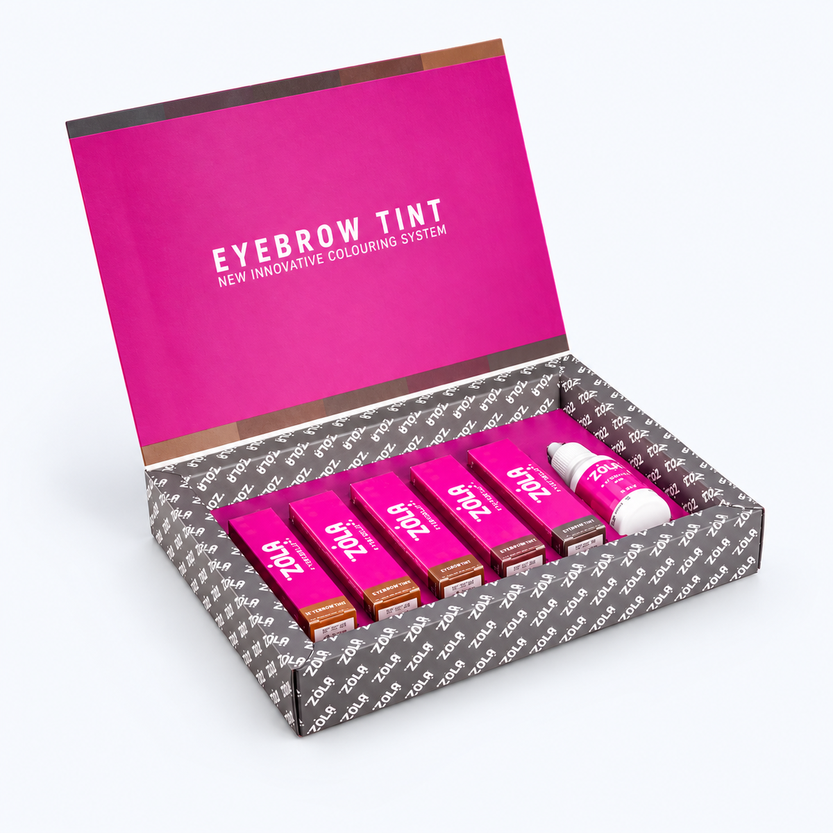 ZOLA Set tinte sopracciglia Collagen 5 × 15 ml + ossidante, immagine studio su fondo chiaro